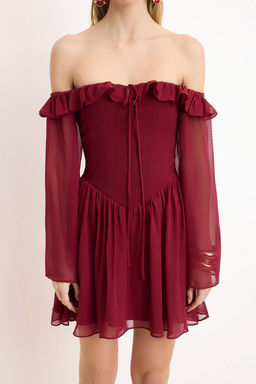 TRENDYOLMILLA Bridal Ekru A-Kesim Astarl? Volanl? Dokuma Sifon K?sa Dugun/Nikah S?k Abiye Elbise TPRSS23EL00096 фото 60