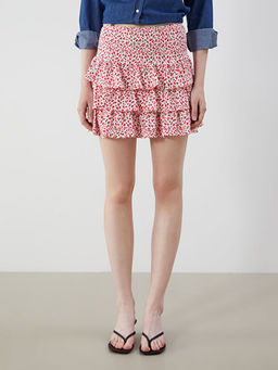 Beli Lastikli ?i?ekli Kat Kat Pileli Mini Etek