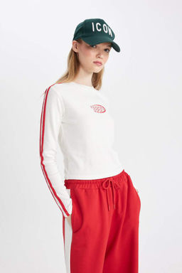 Женская белая классная футболка с круглым вырезом и длинными рукавами в рубчик с принтом - Defacto фото 6