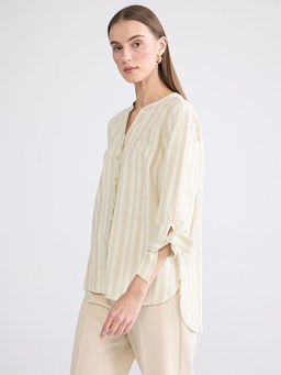 Ka??k Yaka ?izgili Keten Kar???ml? Kad?n G?mlek