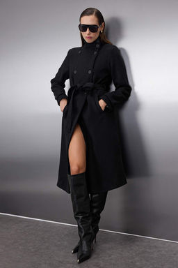 Siyah Dik Yaka Diagonel Kruvaze Regular Uzun Kase Kaban TWOAW26KB00048