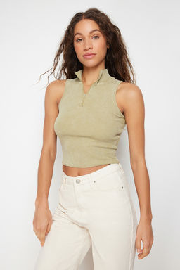 Trendyolmilla Haki Eskitme/Soluk Efektli Fitted Fermuarl? Fitilli Pamuklu Esnek Orme Bluz TWOSS24BZ00036 фото 2