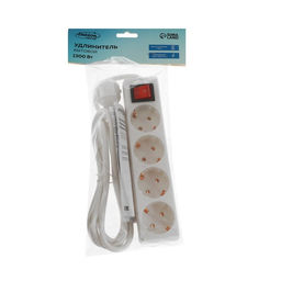 Удлинитель Luazon Lighting, 4 розетки, 1,8 м, 10 А, 2200 Вт, 3х0.75 мм2, с заземлением, с выключателем, белый