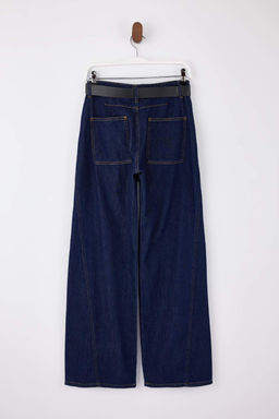 Koyu Mavi DOKUMLU Kemerli %100 Pamuk Yuksek Bel Wide Leg Jeans TWOSS26JE00076 - Trendyolmilla фото 2