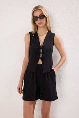 Siyah Baglamal? Keten Gorunumlu Bluz Ve Sort Dokuma Alt-Ust Tak?m TWOSS25AU00115