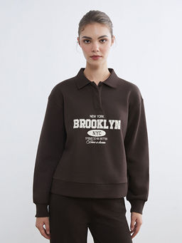 Polo Yaka Brooklyn Bask?l? Kad?n Kal?n Sweatshirt