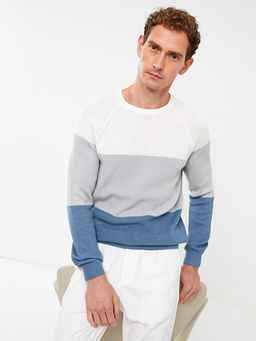 Bisiklet Yaka Uzun Kollu Renk Bloklu Erkek Triko Kazak