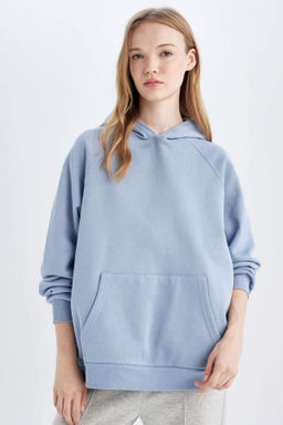 Oversize Genis Kal?p Kapusonlu Kanguru Cepli Kal?n Basic Duz Sweatshirt - Defacto фото 3