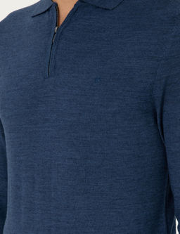 _ndigo Regular Fit Y_n Kar___ml_ Fermuarl_ Polo Yaka Basic Triko Kazak