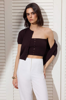 Kahverengi Basic Yumusak Straplez Bluz- Bisiklet Yaka H?rka Tak?m Triko H?rka TWOSS26HI00010