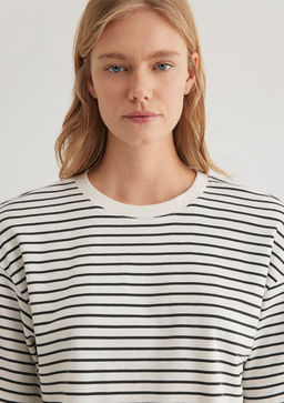 Cizgili Crop Tisort - Mavi фото 5