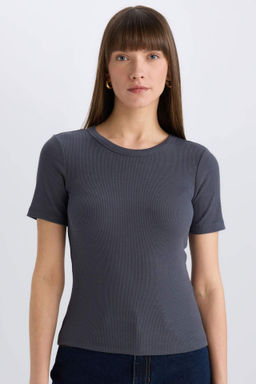 Slim Fit Dar Kesim Bisiklet Yaka Fitilli Kaskorse Basic Duz K?sa Kollu Tisort - Defacto фото 2