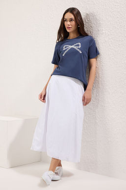 TRENDYOLMILLA Indigo %100 Pamuk Dantel Fiyonk Detayl? Regular/Normal Kesim Orme T-Shirt TWOSS25TS00173  фото 2