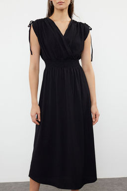 TRENDYOLMILLA Siyah Duz S?f?r Kol Kruvaze Skater/Belden Ac?lan Buzgulu Esnek Midi Elbise Orme TWOSS24EL01063  фото 10