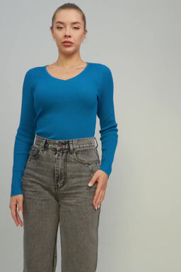 Женский джемпер в рубчик с V-вырезом Happyfox