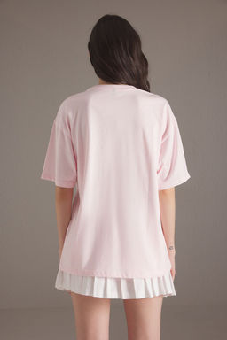 TRENDYOLMILLA Ac?k Pembe %100 Pamuk Kokteyl Bask?l? Oversize/Genis Kesim Orme T-Shirt TWOSS25TS00163 фото 4