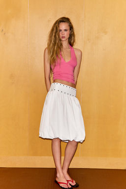 FALDA MIDI GLOBO TACHAS / Blanco