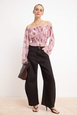 Cok Renkli Sal Desen Fitted/Vucuda Oturan Havuz Yaka Gipeli Crop Tul Orme Bluz TWOSS26BZ00146 - Trendyolmilla фото 2