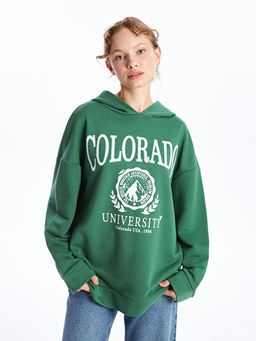 Kap??onlu Bask?l? Oversize Kad?n Kal?n Sweatshirt Tunik