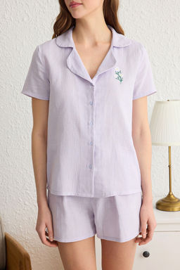 Trendyolmilla Lila %100 Pamuklu Papatya Nak?sl? Muslin Sortlu Dokuma Pijama Tak?m? THMSS25PT00032 фото 12