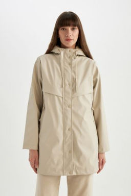 Su Itici Uzun Yagmurluk Polar Astarl? Kapusonlu Fermuarl? C?tc?tl? Cepli Mevsimlik Suni Deri