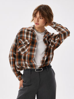 Блузка женская дл. рук. T-lab TL-B-0036F-FR-оранжево-серый, клетка  фото 7