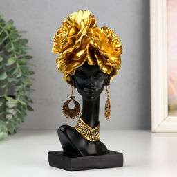 Фигурка полистоун «Бюст. Африканка с золотыми розами в волосах, с ожерельем», чёрный, 24×10×11 см