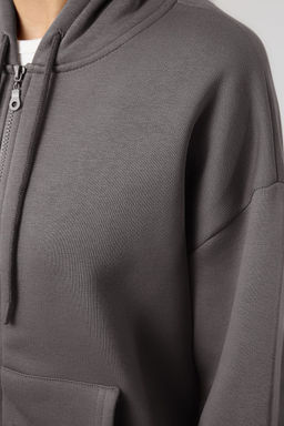 Antrasit Oversize/Rahat Kesim Basic Kapusonlu Fermuarl? Kal?n Ici Polarl