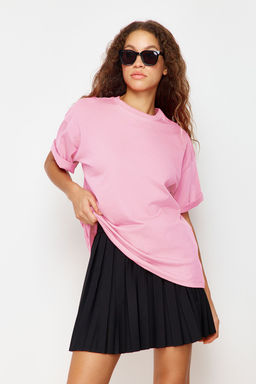 TRENDYOLMILLA Ekru %100 Pamuk Premium Oversize/Genis Kal?p Bisiklet Yaka Orme T-Shirt TWOSS23TS00040  фото 63