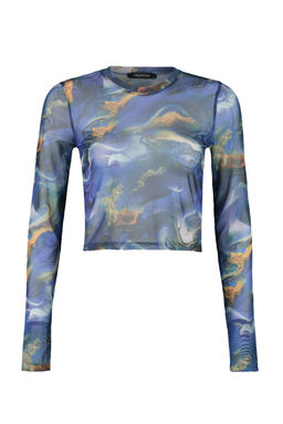Trendyolmilla Pembe Bask?l? Tul Fitted/Vucuda Oturan Crop Esnek Orme Bluz TWOAW24BZ00030