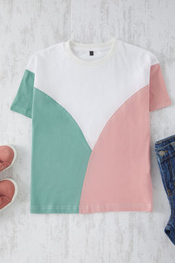 Ekru Renk Bloklu K?z Cocuk %100 Pamuk Regular/Normal Kal?p K?sa Kol Orme T-Shirt TKDSS25TS00068