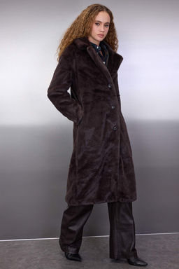 Koyu Kahverengi Kurklu Mono Kapama Oversize Uzun Kaban TWOAW26KB00002 - Trendyolmilla фото 2