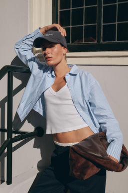 PLEATED WAIST STRIPED CROPPED OXFORD SHIRT