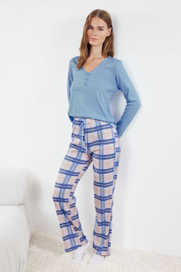 Mavi %100 Pamuklu Ekoseli Baglama ve Dugme Detayl? Orme Pijama Tak?m? THMAW25PT00004