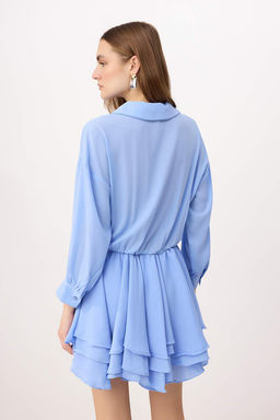 Ac?k Mavi Super Mini Etegi Volan Detayl? Dokuma Sifon Elbise TWOAW26EL00310