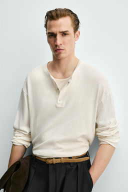 CAMISETA CUELLO PANADERO ALGOD?N - LINO / Blanco roto - Zara фото 4