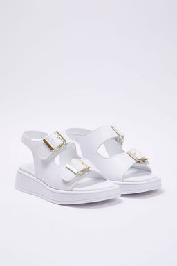 Beyaz Cift Tokal? Kad?n Kal?n Taban Sandalet TAKAW25SD00000