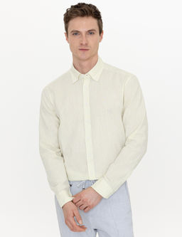 Рубашка узкого кроя с длинными рукавами из смесового льна фисташкового цвета - Cacharel фото 3