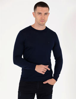 Lacivert Slim Fit Bisiklet Yaka Y_n Kar___ml_ Basic Triko Kazak