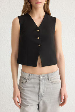 Siyah Fitted Crop Kalpli Dugmeli Dokuma Yelek TWOSS25YE00015