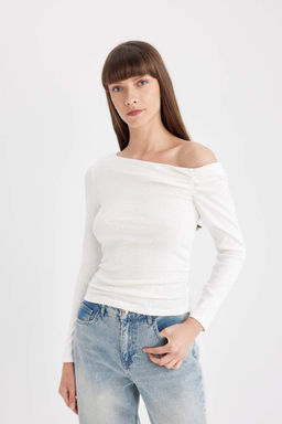 Женская облегающая однотонная футболка в рубчик с узким вырезом на одно плечо и длинным рукавом