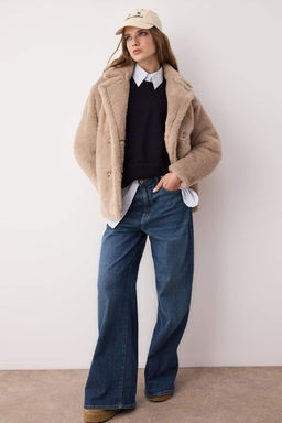 Vizon Kurklu Kruvaze Oversize K?sa Pelus Kaban TWOAW26KB00021 - Trendyolmilla фото 4