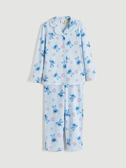 G?mlek Yaka Stitch Bask?l? K?z ?ocuk Pijama Tak?m?