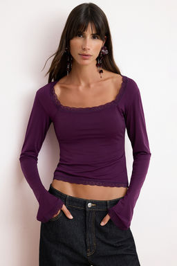 Murdum Duz Kare Yaka Uzun Orme Sandy Party Bluz TPRAW26BZ00045