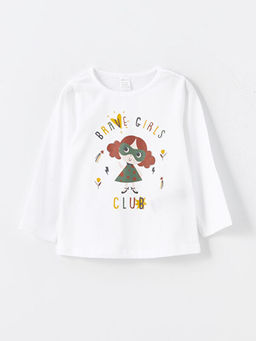 Bisiklet Yaka Uzun Kollu Bask?l? K?z Bebek Ti??rt