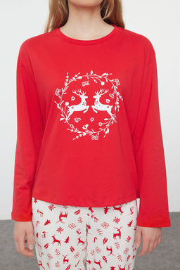 K?rm?z? %100 Pamuklu Y?lbas? Temal? Orme Pijama Tak?m? THMAW25PT00117