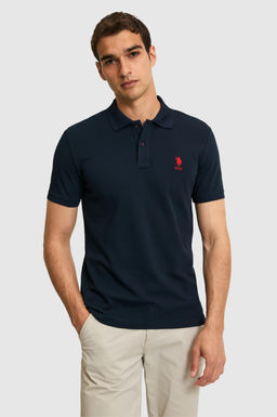 Erkek Slim Fit Polo Yaka Koyu Lacivert Basic Ti__rt