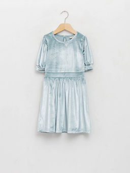 Bisiklet Yaka Basic K?sa Kollu Kadife K?z ?ocuk Elbise