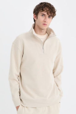 Relax Fit Dik Yaka Fermuarl? Basic Duz Kal?n Sweatshirt