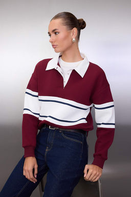 Bordo Renk Bloklu Polo Yaka Oversize/Genis Kal?p Orme Sweatshirt TWOAW26SW00119